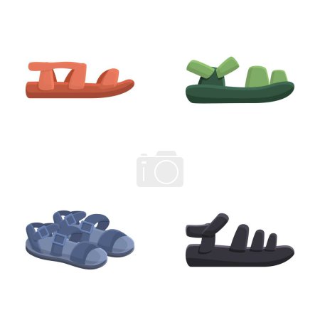 Illustration for Sandal icons set cartoon vector. Various open fashion sandal with strap. Footwear, summer shoe - Royalty Free Image