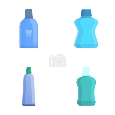 Dental care icons set cartoon vector. Mouthwash and toothpaste. Oral care equipment