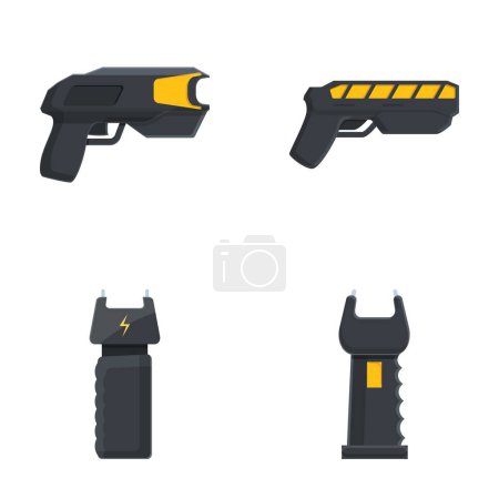 Taser icons set cartoon vector. Various electroshock weapon for self defense. Personal safety