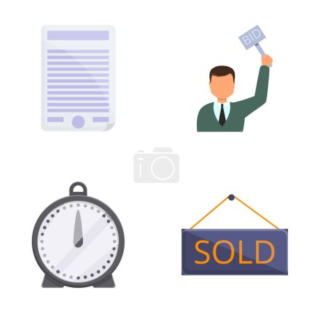 Auction process icons set cartoon vector. Buying and selling lot at auction. Public sale, bidding