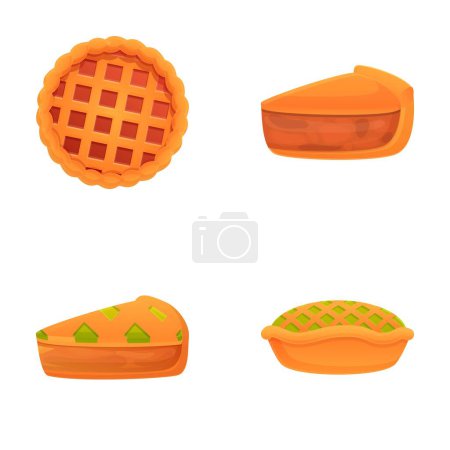 Filled pie icons set cartoon vector. Delicious homemade pie whole and slice. Bakery, pastry, sweet food