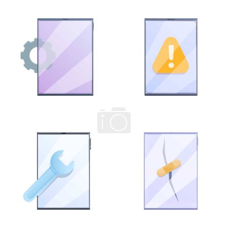Illustration for Mobile service icons set cartoon vector. Smartphone with tool and spare part. Phone repair service - Royalty Free Image
