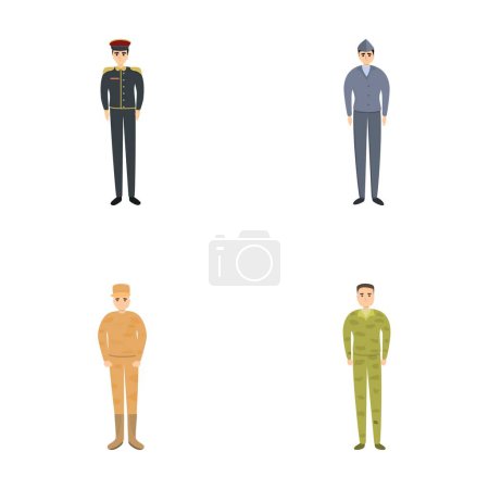 Icônes homme militaire mis vecteur de dessin animé. Soldat et officier en uniforme militaire. Armée de terre