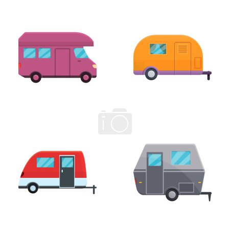 Zelten Auto-Ikonen setzen Cartoon-Vektor. Lieferwagen und Pickup mit Anhänger. Sommerurlaub, touristische Reise