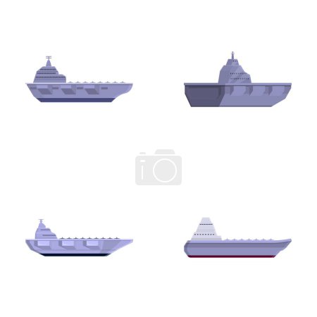 Warship icons set cartoon vector. Aircraft carrier with plane on board. Military ship