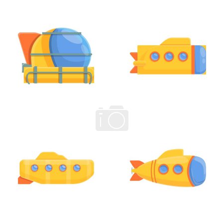 Los iconos de Bathyscaphe establecen un vector de dibujos animados. Bañador infantil amarillo. Recipiente submarino, juguete