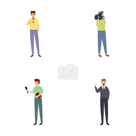 Illustration for Man reporter icons set cartoon vector. Journalist with microphone and cameraman. Reportage, media concept - Royalty Free Image