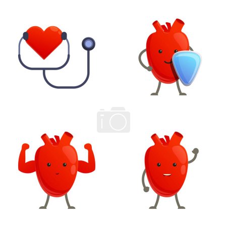 Illustration for Healthy heart icons set cartoon vector. Cute happy healthy heart organ. Cartoon character - Royalty Free Image