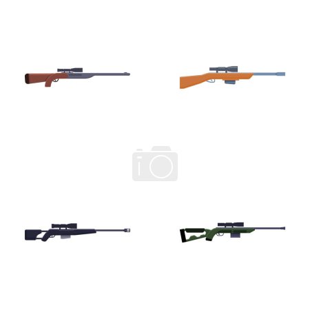 Les icônes du fusil de sniper définissent un vecteur de dessin animé. Arme à feu et carabine de chasseur. Arme militaire et de chasse