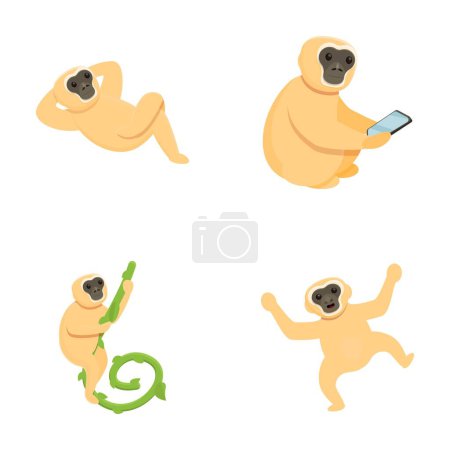 Cartoon gibbon icons set cartoon vector. Gibbon primate, mammal. Monkey, wildlife