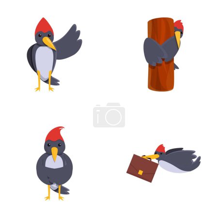 Ilustración de Iconos de pájaro carpintero conjunto vector de dibujos animados. Divertido pájaro carpintero brillante. Personaje de dibujos animados - Imagen libre de derechos