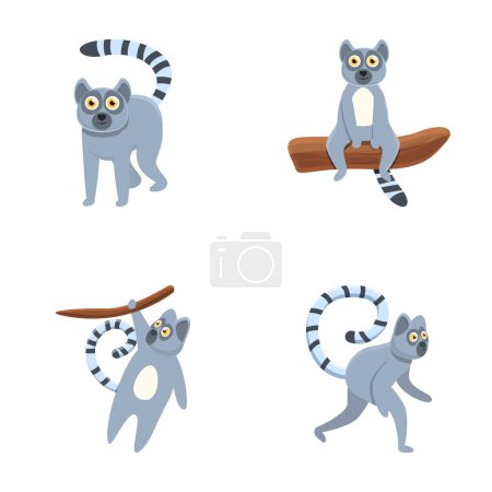 Téléchargez les illustrations : Icônes de lémuriens mis vecteur de dessin animé. Animal de madagascar et d'afrique. Caractère de bande dessinée - en licence libre de droit