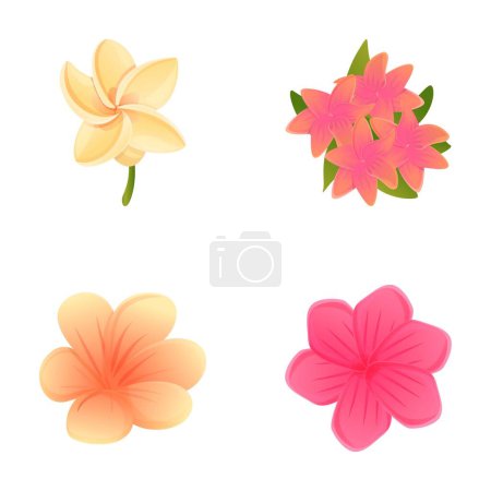 Lotus icons set cartoon vector. Blooming lotus or water lily with green leaf. Flower, buddhism symbol