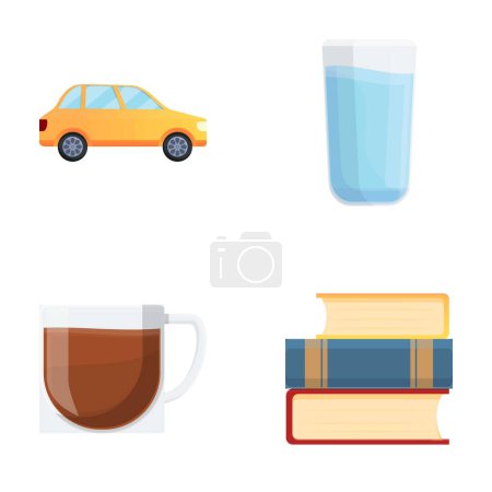 Illustration for Everyday thing icons set cartoon vector. Car, water glass, tea cup and book. Item for daily use - Royalty Free Image