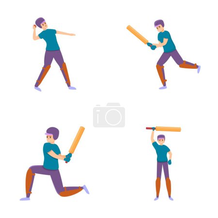 Cricketer-Symbole setzen Cartoon-Vektor. Cricketspieler mit Schläger und Bowler. Sport, hobby