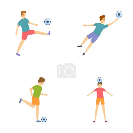Illustration for Football player icons set cartoon vector. Soccer player kick ball with foot. Sport, healthy lifestyle - Royalty Free Image