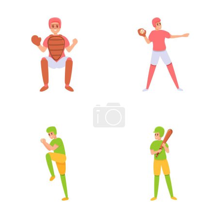 Iconos de béisbol conjunto vector de dibujos animados. Varias acciones de jugador de béisbol. Deporte, juego de equipo