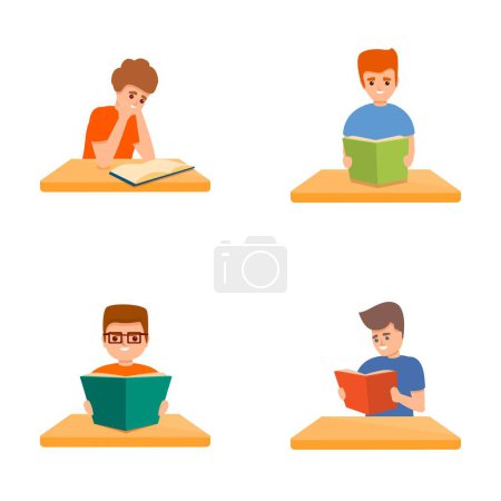 Book reading icons set cartoon vector. Male character reading paper book. Education, hobby
