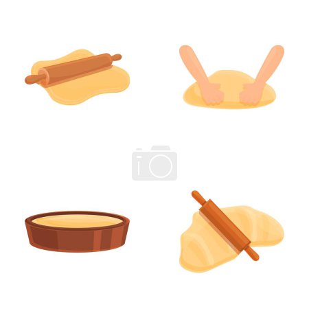 Icônes de processus de cuisson définir vecteur de dessin animé. Pétrissage et déploiement de la pâte. Pâtisseries, boulangerie, cuisine