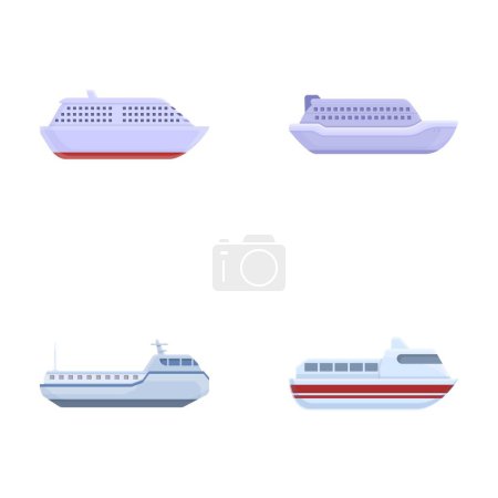 Ferry icons set cartoon vector. Various passenger or cargo ferry ship. Sea transportation vehicle
