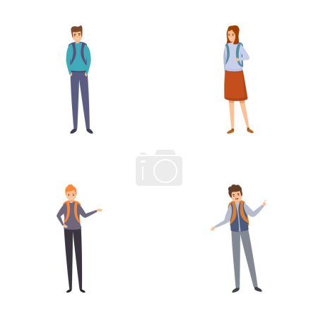 School pupil icons set cartoon vector. Children with backpack in school uniform. Education, learning