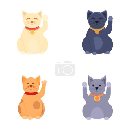 Maneki neko iconos conjunto de dibujos animados vector. Gato japonés maneki neko con pata levantada. Figura asiática para la buena suerte
