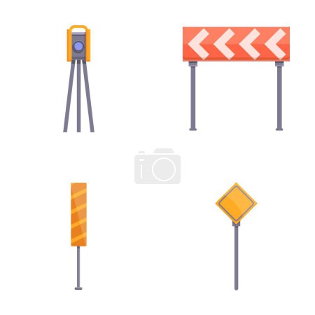 Iconos de reconstrucción de carreteras conjunto vector de dibujos animados. Equipo para reparación de carreteras. Señal de advertencia