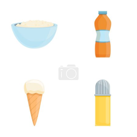 Milk product icons set cartoon vector. Cottage cheese, ice cream, whipped cream. Farm organic food