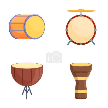 Téléchargez les illustrations : Icônes de tambour ensemble vecteur de dessin animé. Tambour en bois de style et de couleur différents. Instrument de musique à percussion - en licence libre de droit