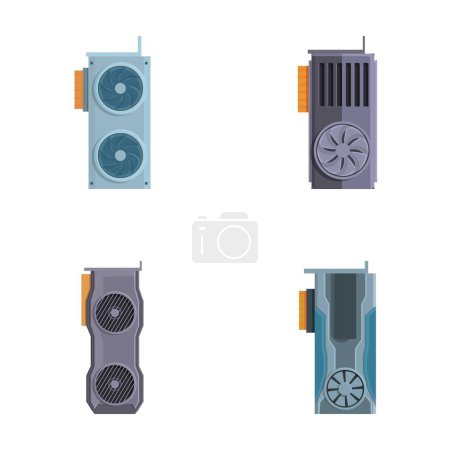 Gpu icons set cartoon vector. Computer graphic card with cooling fan. Personal computer component