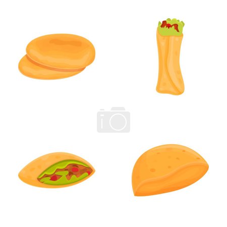Pita icons set cartoon vector. Ingredient for cook tortilla, burrito and taco. Fast food