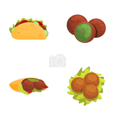 Téléchargez les illustrations : Icônes falafel frais mis vecteur de dessin animé. Falafel plein de viande et de légumes frais. Cuisine juive, arabe - en licence libre de droit