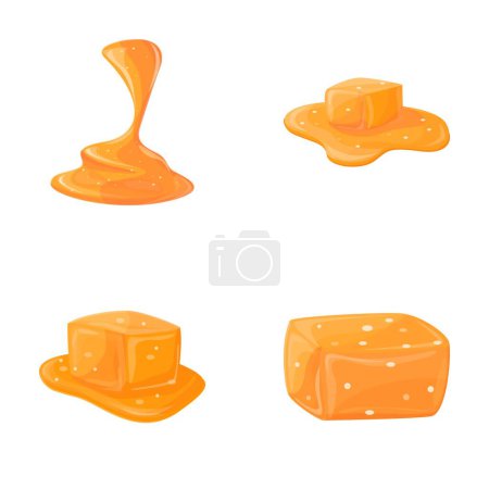 Caramel icons set cartoon vector. Melted appetizing caramel cube. Candy, sweet food