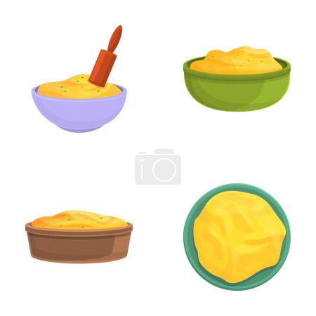 Plato de patatas iconos conjunto vector de dibujos animados. Puré de patata fresca en un tazón. Concepto alimenticio