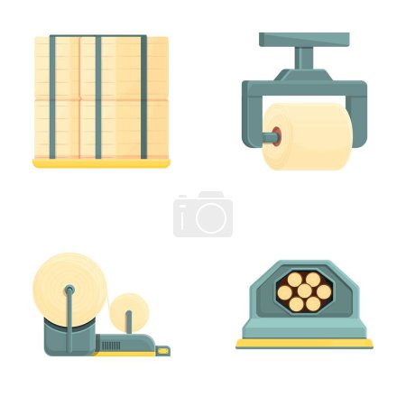 Paper manufacturing icons set cartoon vector. Equipment for paper production. Automated process