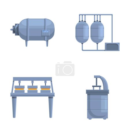 Dairy production icons set cartoon vector. Equipment for production of cheese. Food industry