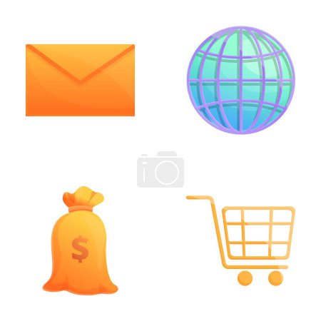 Los iconos de la comercialización del Internet fijan vector de dibujos animados. Producto, precio, lugar y promoción. Concepto empresarial