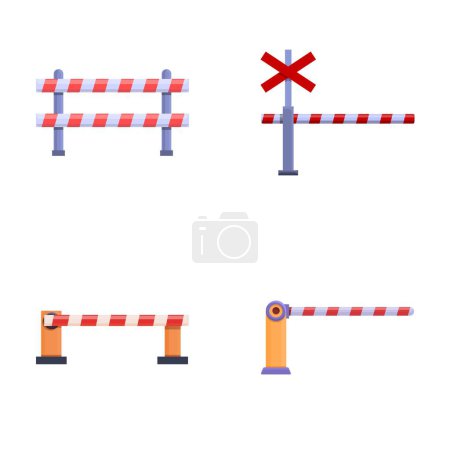 Railroad crossing icons set cartoon vector. Open and closed railway barrier. Warning sign