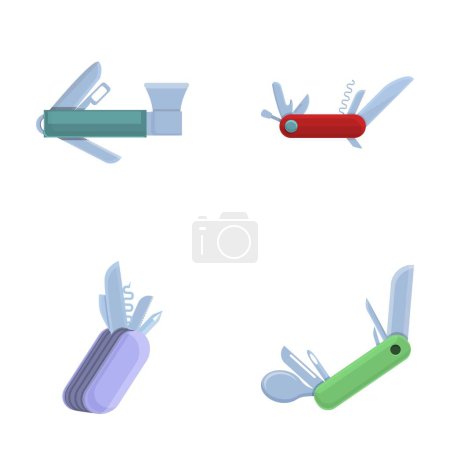 Multi couteau icônes définir vecteur de dessin animé. Couteau pliant polyvalent de poche. Instrument multi-outils
