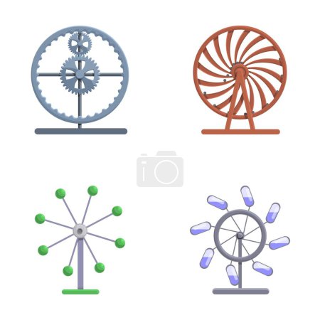 Illustration for Perpetuum mobile icons set cartoon vector. Various perpetual motion machine. Invention, device - Royalty Free Image