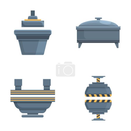 Press machine icons set cartoon vector. Industrial automatic press form machine. Industry, metallurgy