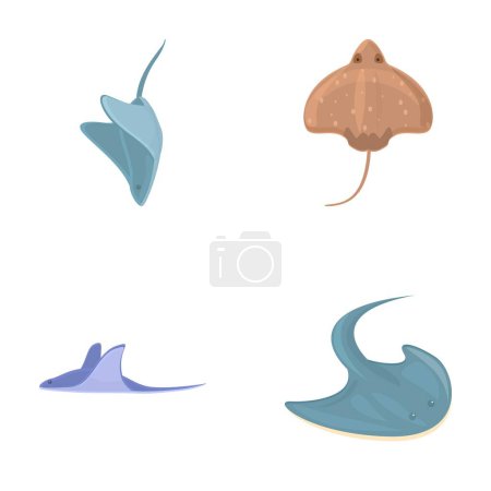 Verschiedene Stachelrochen-Symbole setzen Cartoon-Vektor. Karikatur tropischer Stachelrochenfische. Natur, Unterwassertier