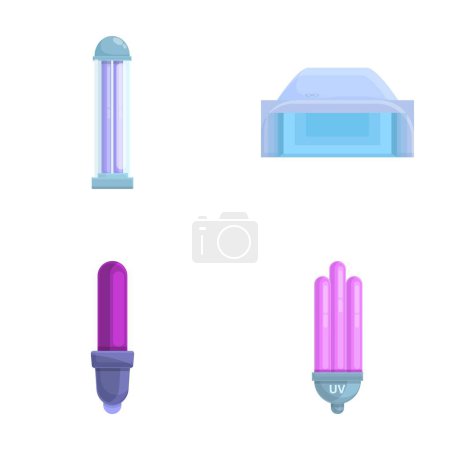 Iconos de la lámpara ultravioleta conjunto vector de dibujos animados. Varias lámparas luminosas con rayos ultravioleta. Dispositivo con luz ultravioleta