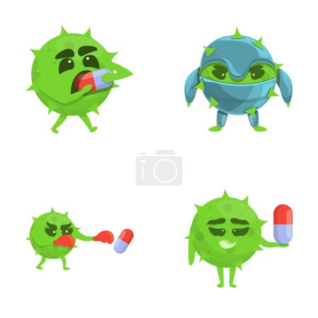 Ikonen der Medikamentenresistenz setzen Cartoon-Vektor. Bakterien oder Viren vernichtende Medikamente. Bedrohung durch schwache Immunität