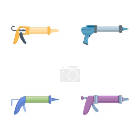 Caulk iconos pistola conjunto vector de dibujos animados. Varias pistolas de silicona metálica. Equipos de construcción y reparación