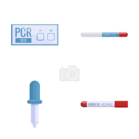 Pcr-Test-Symbole setzen Cartoon-Vektor. Ausrüstung für Tests auf Coronavirus. Weltweite Virenpandemie