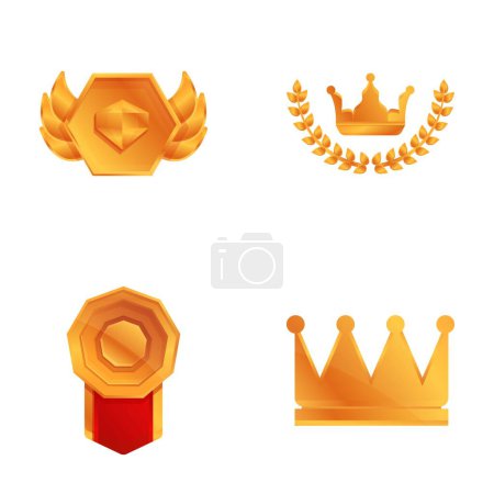 Ilustración de Iconos de insignia conjunto vector de dibujos animados. Varios tipos de trofeo y premio para el ganador. Victoria, logro - Imagen libre de derechos