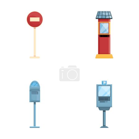 Parking icons set cartoon vector. Urban car parking equipment. Transport infrastructure