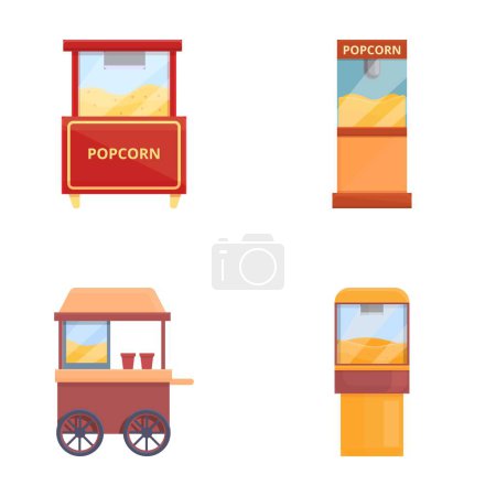 Popcorn cart icons set cartoon vector. Vintage kiosk in amusement park. Street food