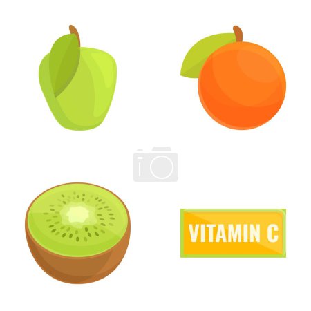 Téléchargez les illustrations : Icônes de produits vitaminés définir vecteur de dessin animé. Fruits enrichis en acide ascorbique. Une alimentation saine - en licence libre de droit